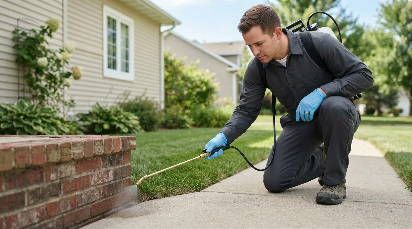 Pest control technician treating a home near Cleveland, OH